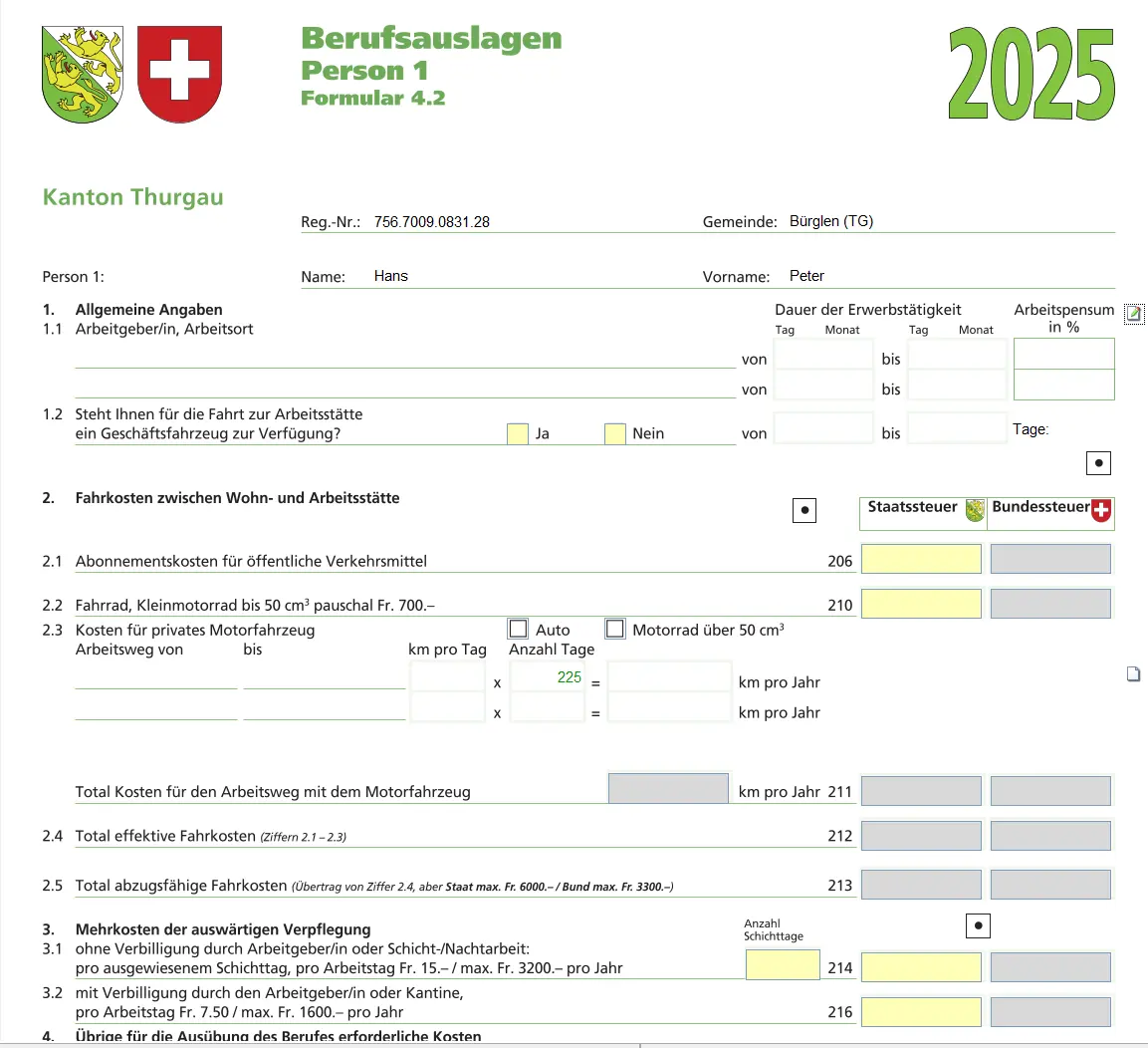 Form 'Business expenses person 1' for the tax year with details of route and workload