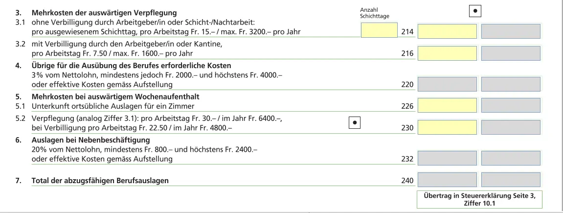 Entry of additional costs for meals taken away from home and other business expenses