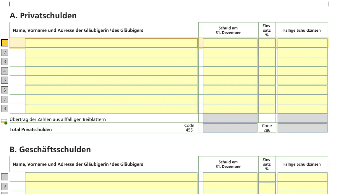 Declaration form for private and commercial debts with interest and debt amounts