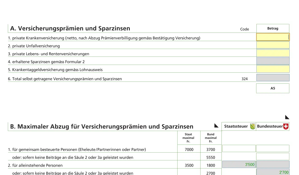 Overview of insurance premiums and savings interest with maximum permitted tax deduction