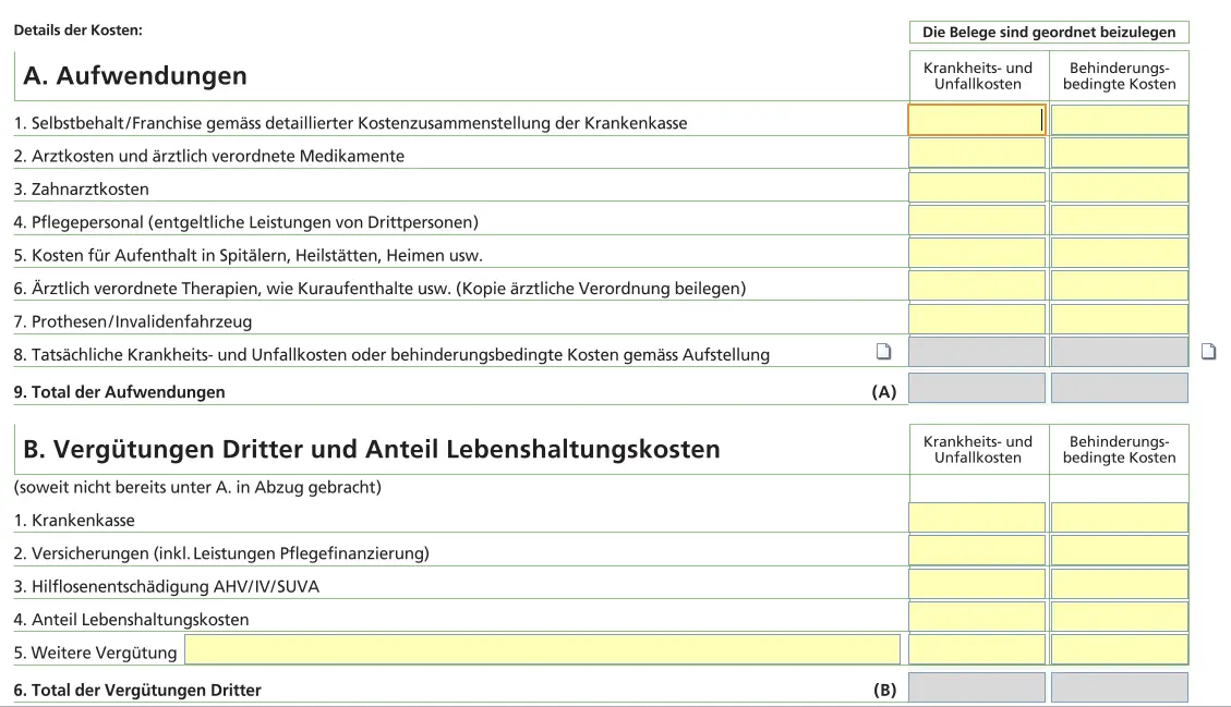 Detailed form for sickness, accident and disability expenses with compulsory proof