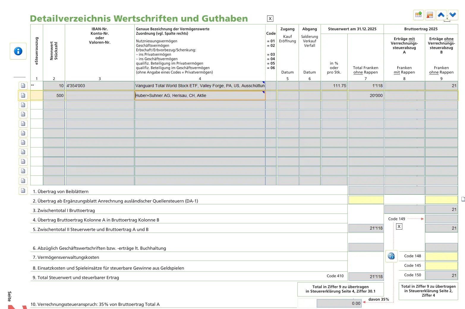 Detailed list of securities and holdings with tax value and gross yield