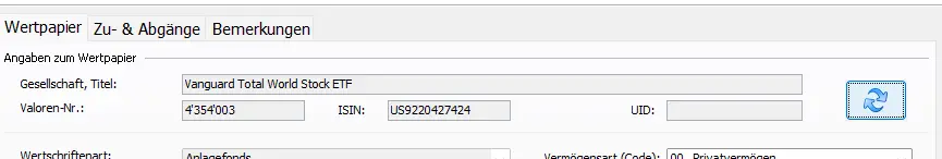 Detailed view of the VT ETF with info such as security number and ISIN