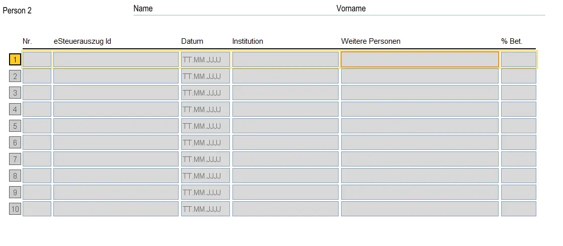 Overview of electronic tax statement entry with date, institution and percentage of ownership
