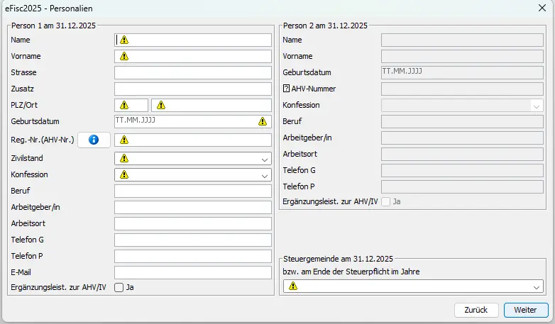 Input mask 'Personal data' in eFisc Thurgau with information on person 1 and person 2 as at 31.12 (name, address, marital status, occupation, AHV number)