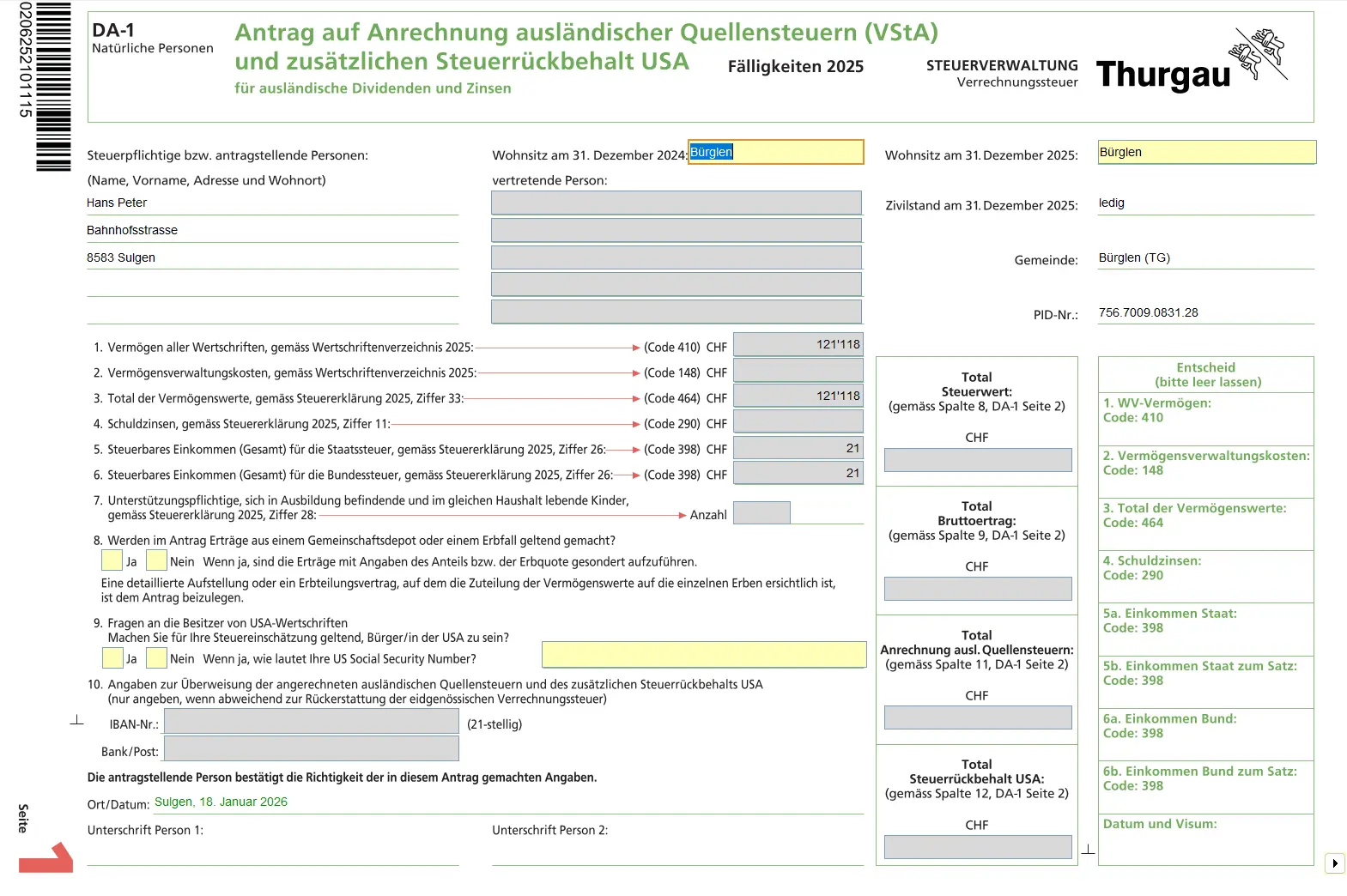 Formulaire DA-1 pour l'imputation des retenues à la source étrangères et de la retenue fiscale supplémentaire américaine sur les dividendes et les intérêts