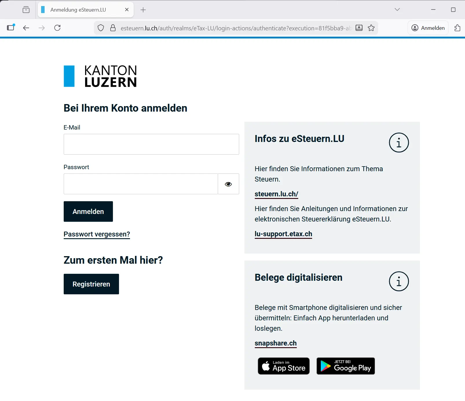 eSteuern.LU homepage: access to the tax return