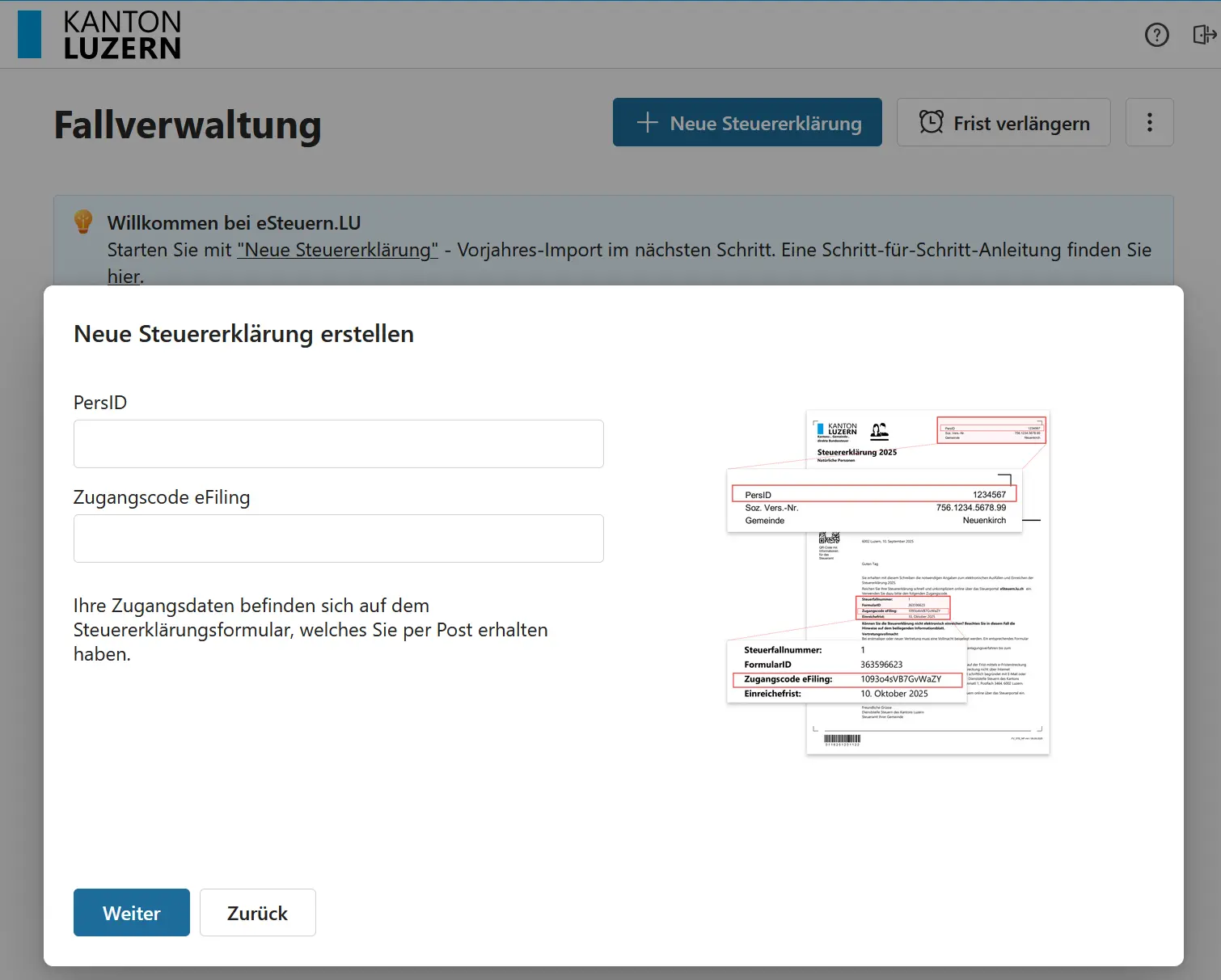 Login and creating a new tax return in eSteuern.LU