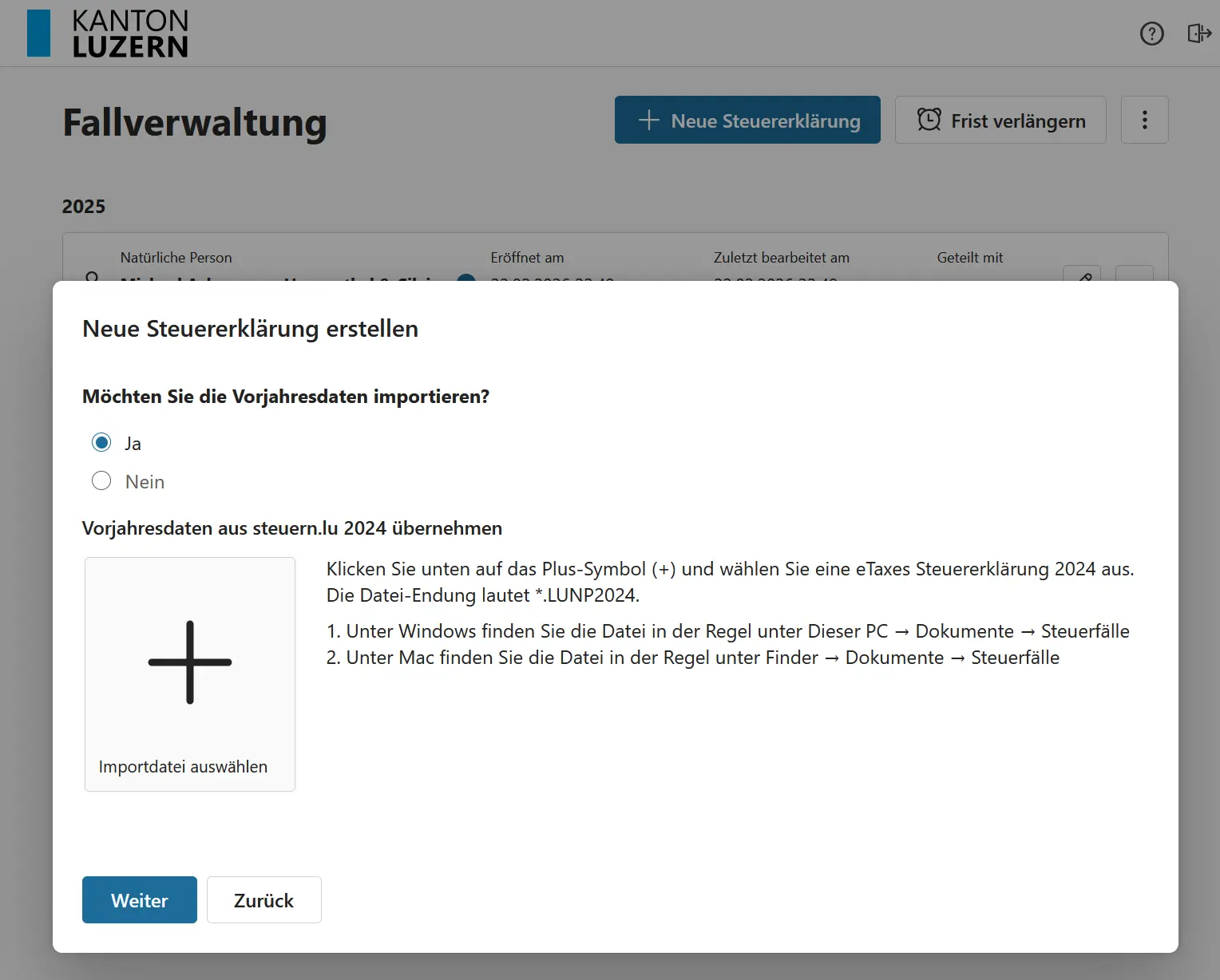 Importing previous year's data in eSteuern.LU