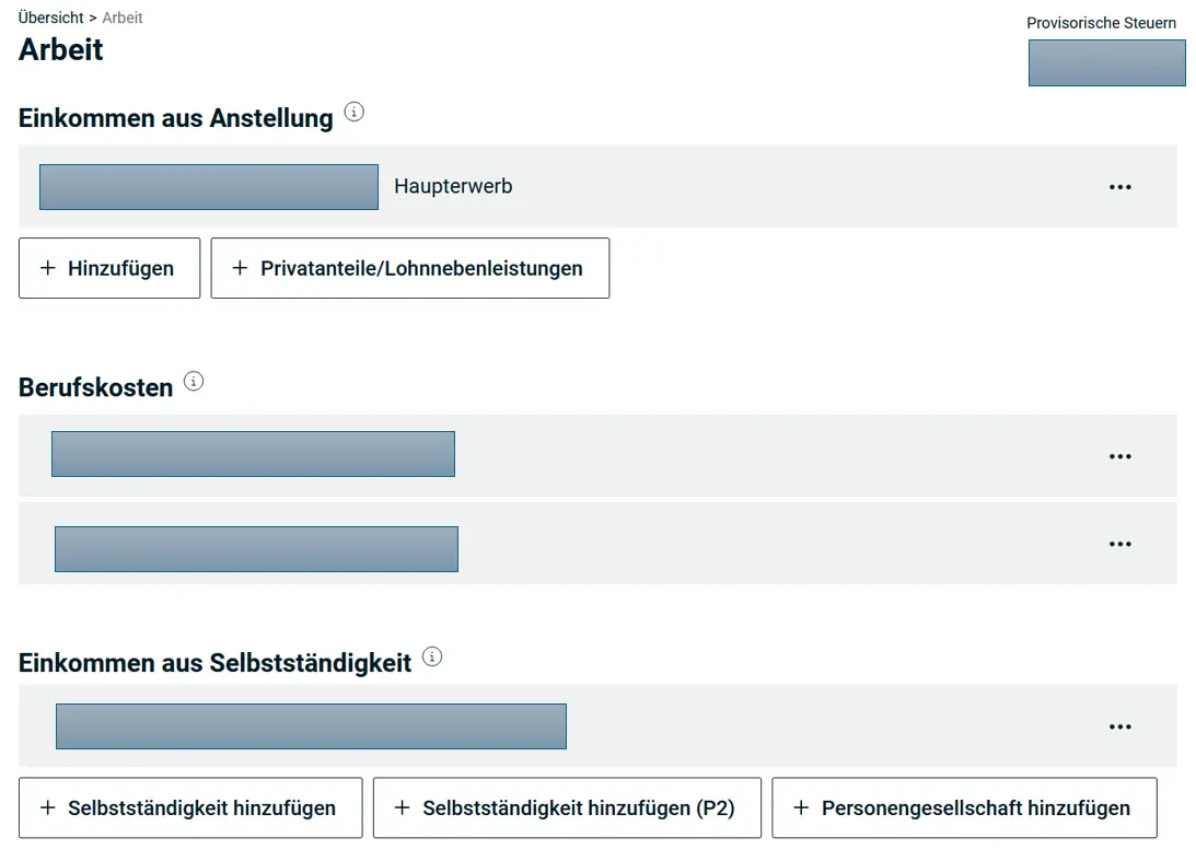 Overview of the Employment tile in eSteuern.LU
