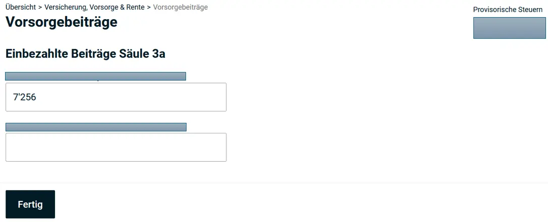 Entering pension contributions and pillar 3a