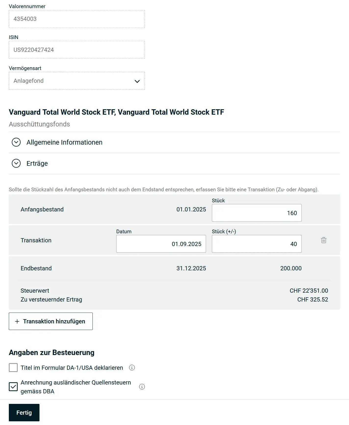 Entering holdings and transactions of a security