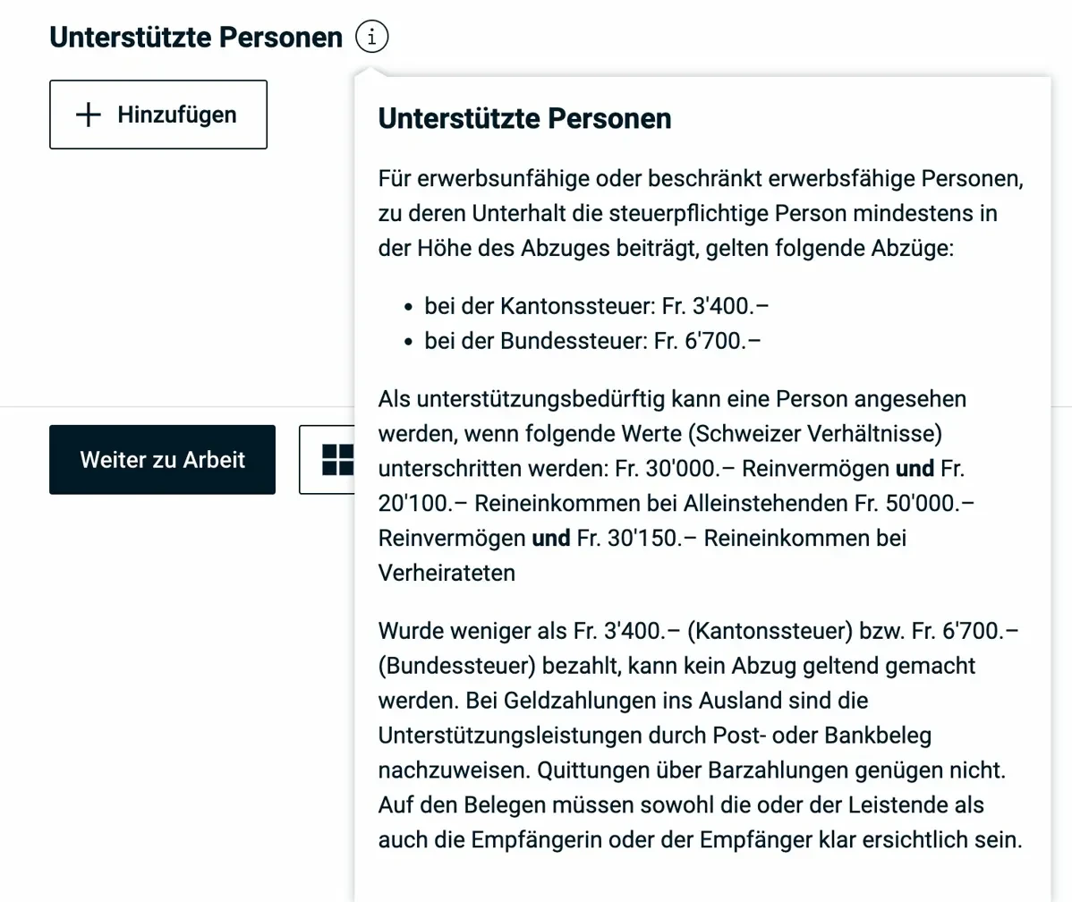Unterstützte Personen — Info-Popup
