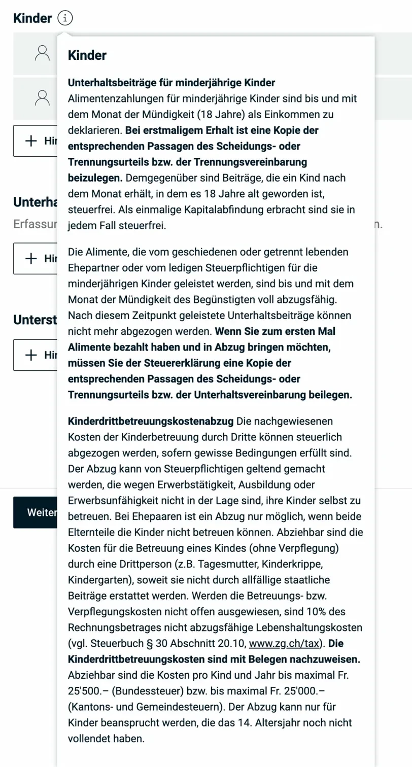 Kinder — Info-Popup mit Unterhaltsbeiträgen und Kinderdrittbetreuungskosten
