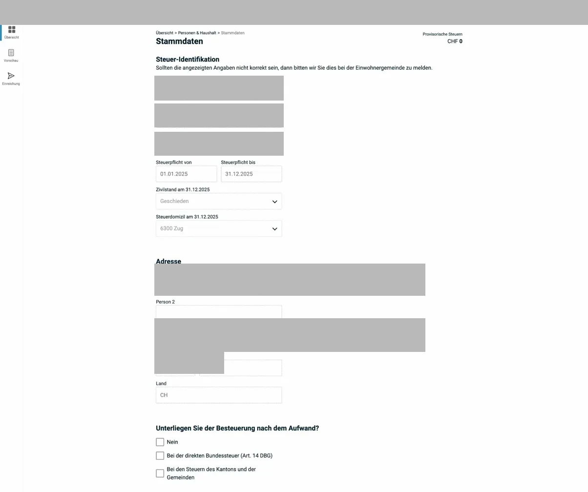 Stammdaten — Steuer-Identifikation und Adresse
