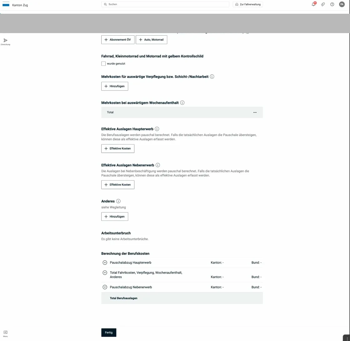 Berufskosten — Übersichtsseite