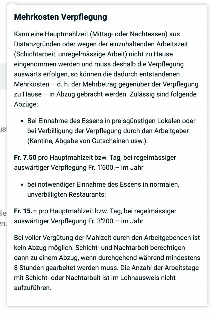 Mehrkosten Verpflegung — Info-Popup