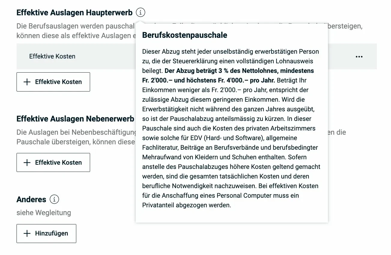 Berufskostenpauschale — Info-Popup