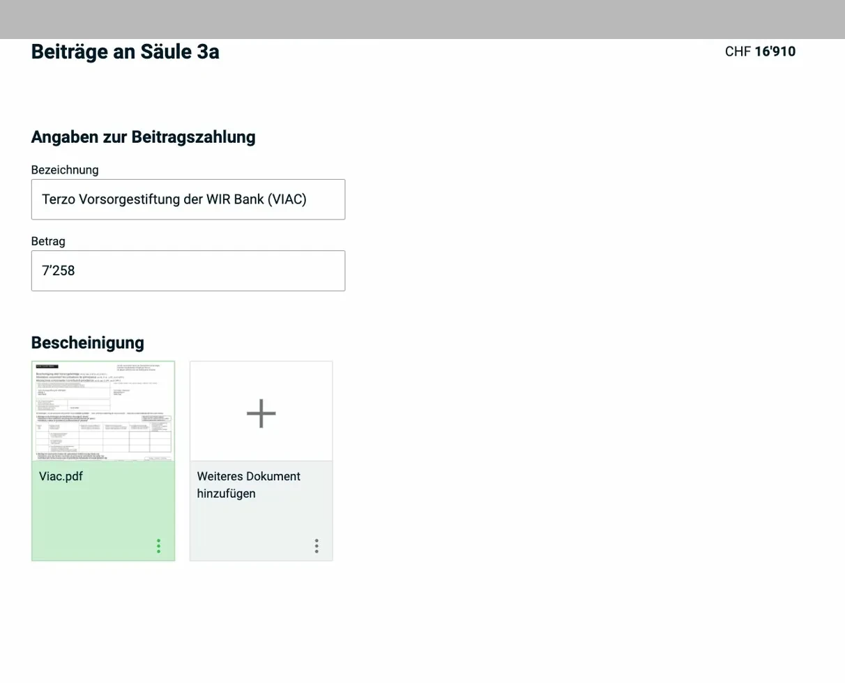 Beiträge an Säule 3a — Detailformular mit Bescheinigung
