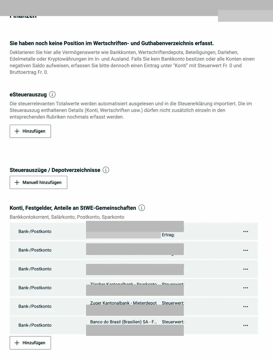 Finanzen — leere Übersicht mit eSteuerauszug-Hinweis
