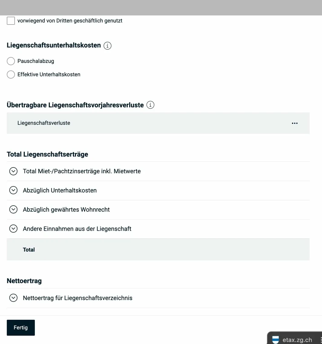 Liegenschaften — Unterhaltskosten, Vorjahresverluste und Totals