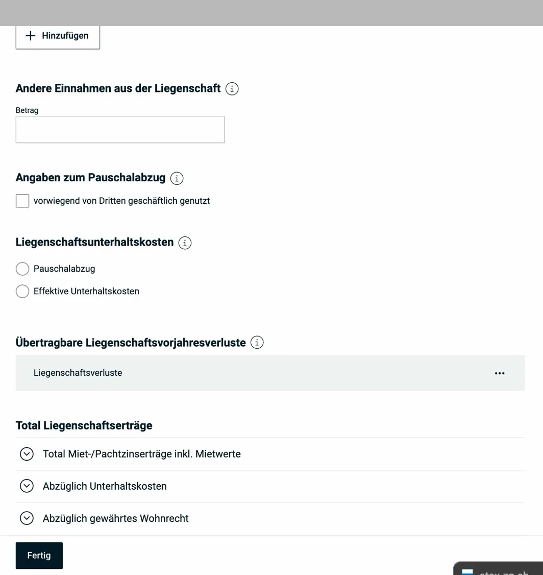 Liegenschaften — weitere Einkommensarten und Pauschalabzug