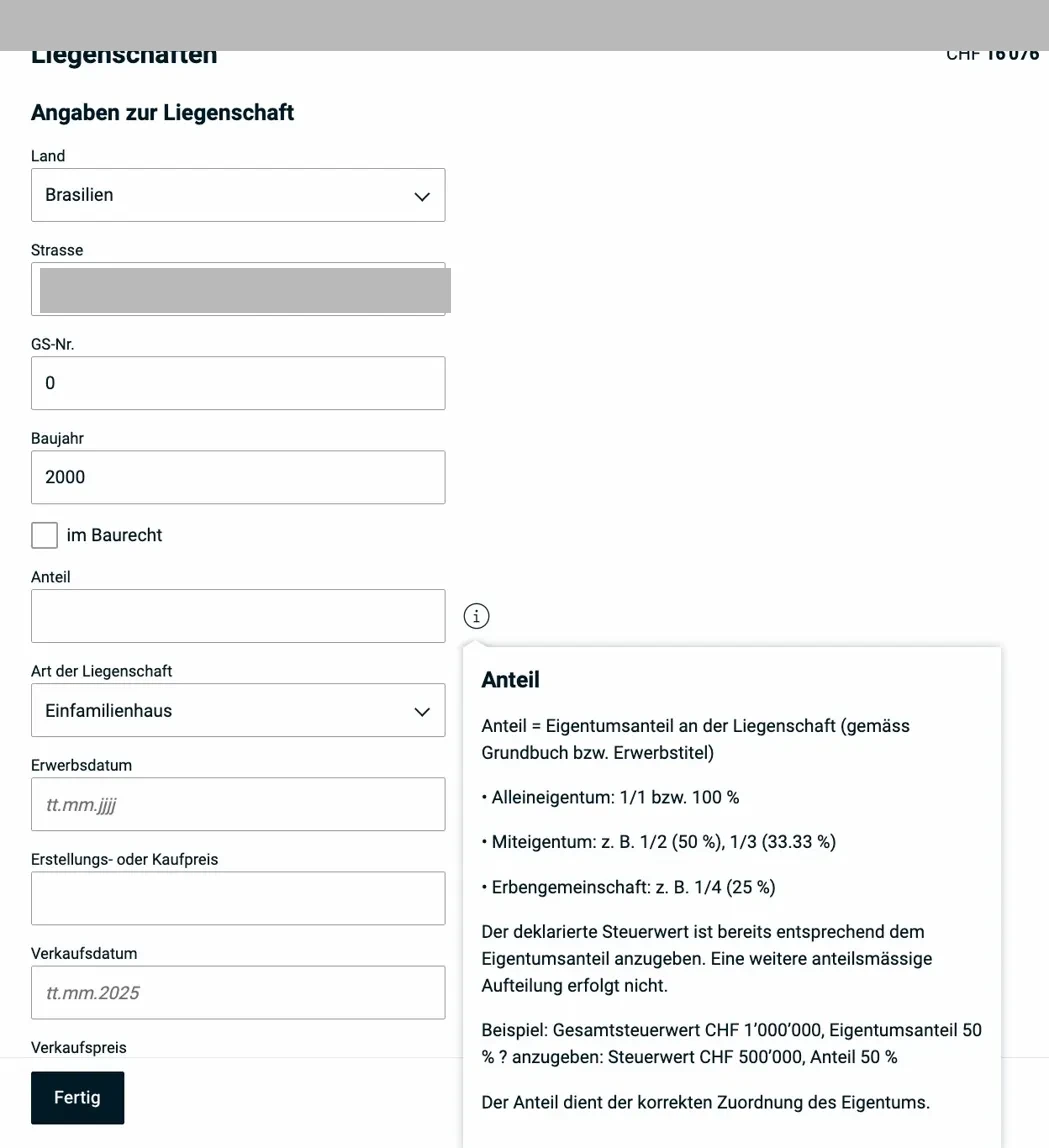 Liegenschaften — Erfassungsformular mit Anteil-Info-Popup