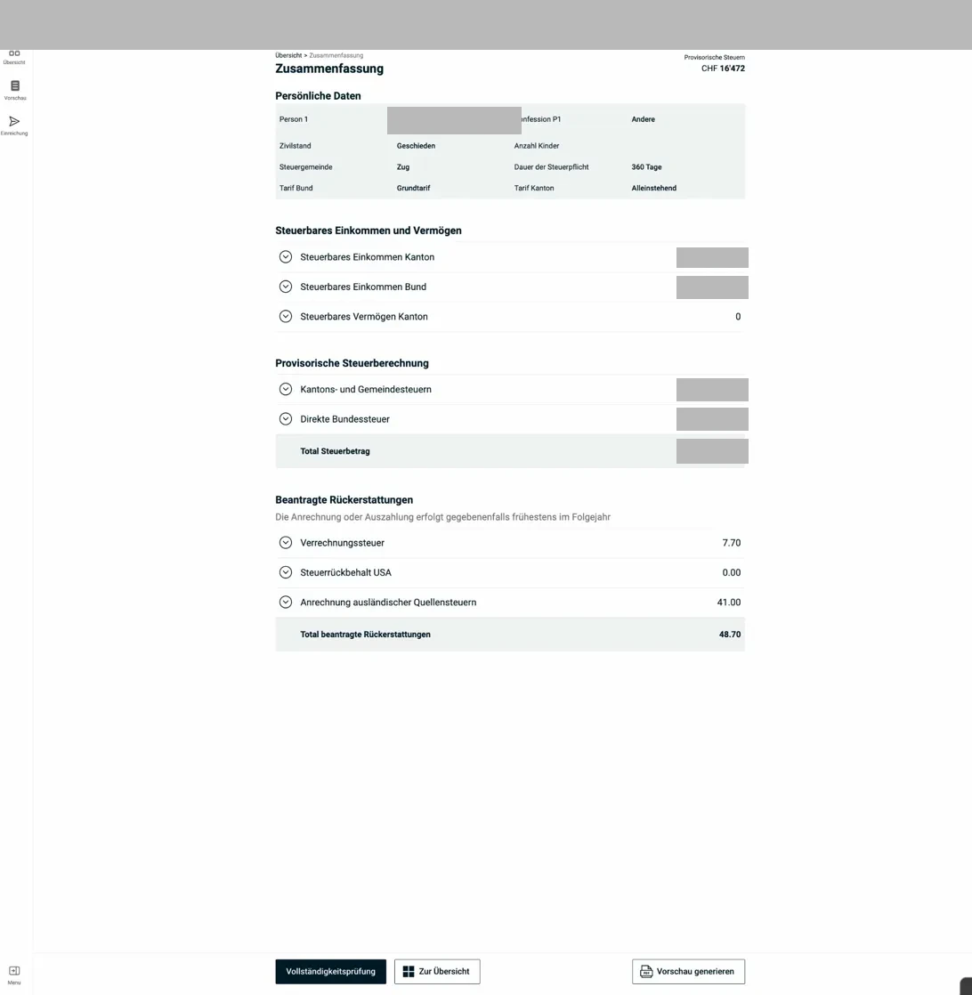 Zusammenfassung — Steuerbares Einkommen und provisorische Steuerberechnung