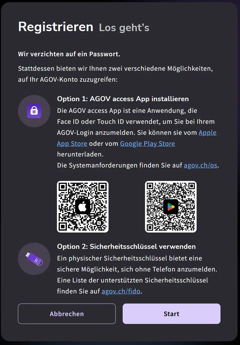 AGOV registration page with QR code to download the app
