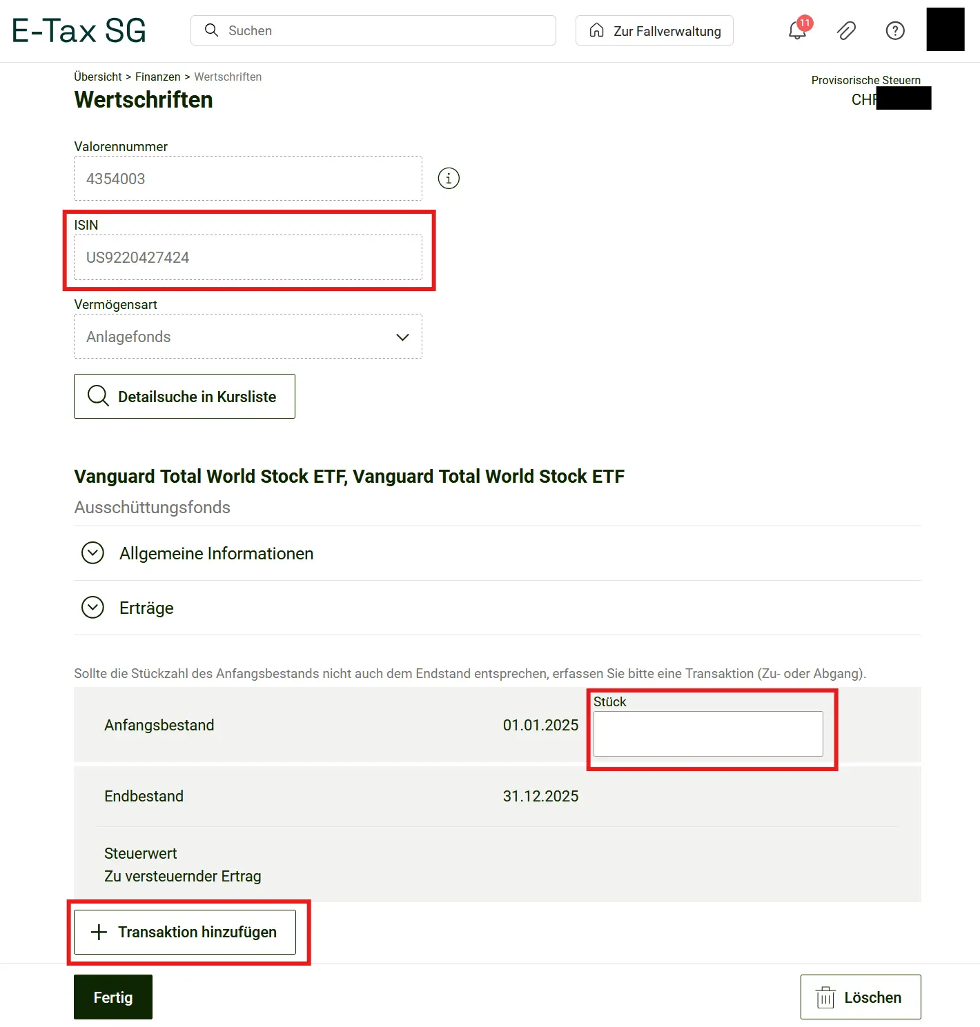Entering opening balance and transactions for an ETF in E-Tax SG