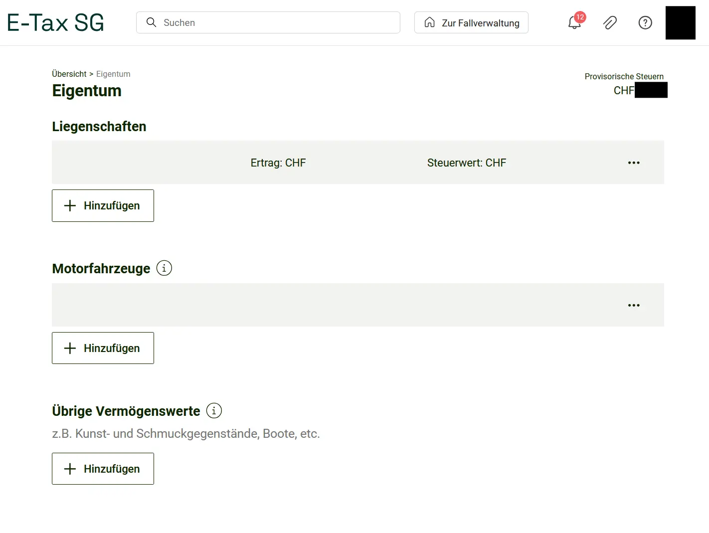 Overview of the Property tile in E-Tax SG with real estate, motor vehicle and other assets