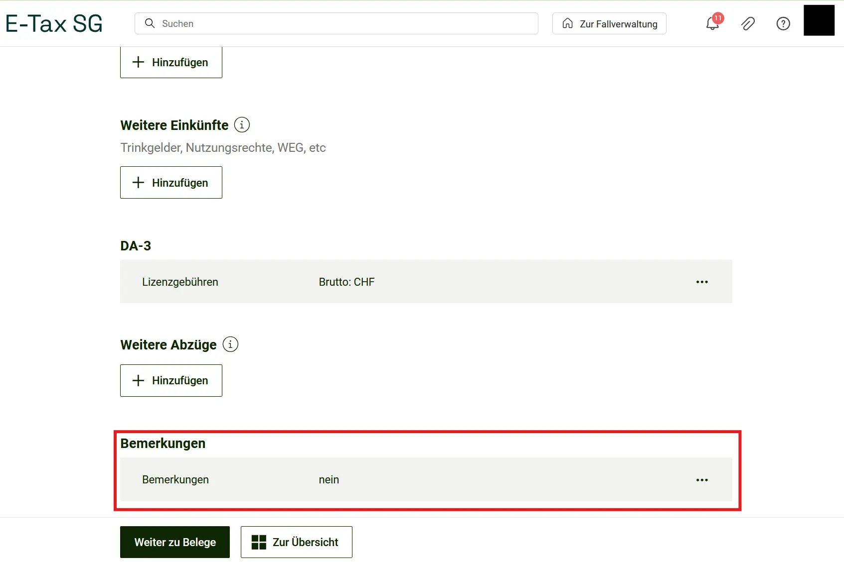 Miscellaneous tile in E-Tax SG with remarks field and additional deductions