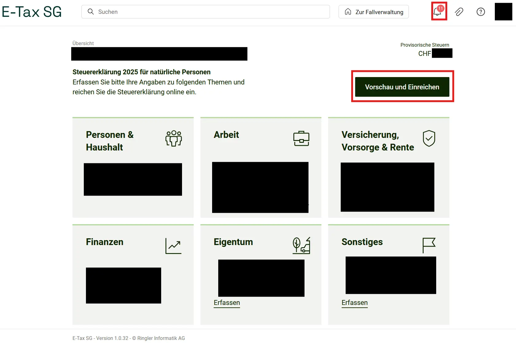 Bell icon with open notifications and preview for submission in E-Tax SG