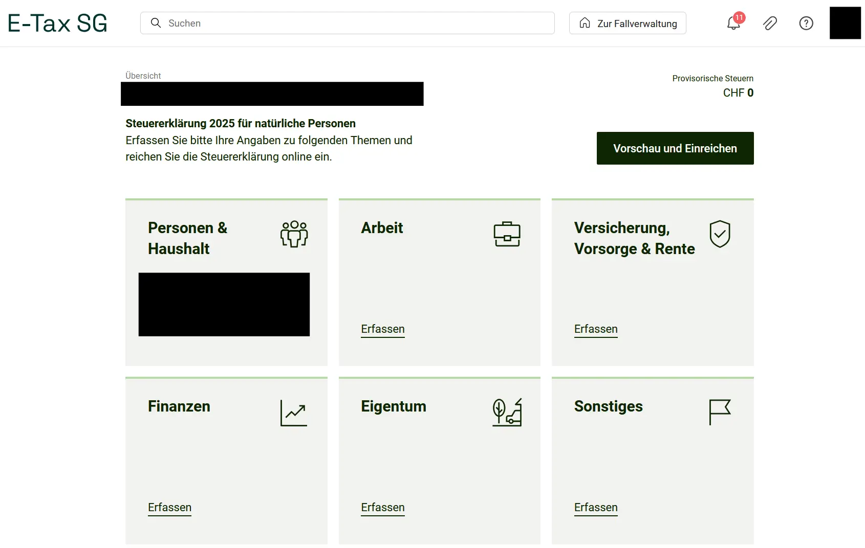 E-Tax SG dashboard with the 6 tiles: People & Household, Work, Insurance, Pension & Retirement, Finances, Property and Miscellaneous