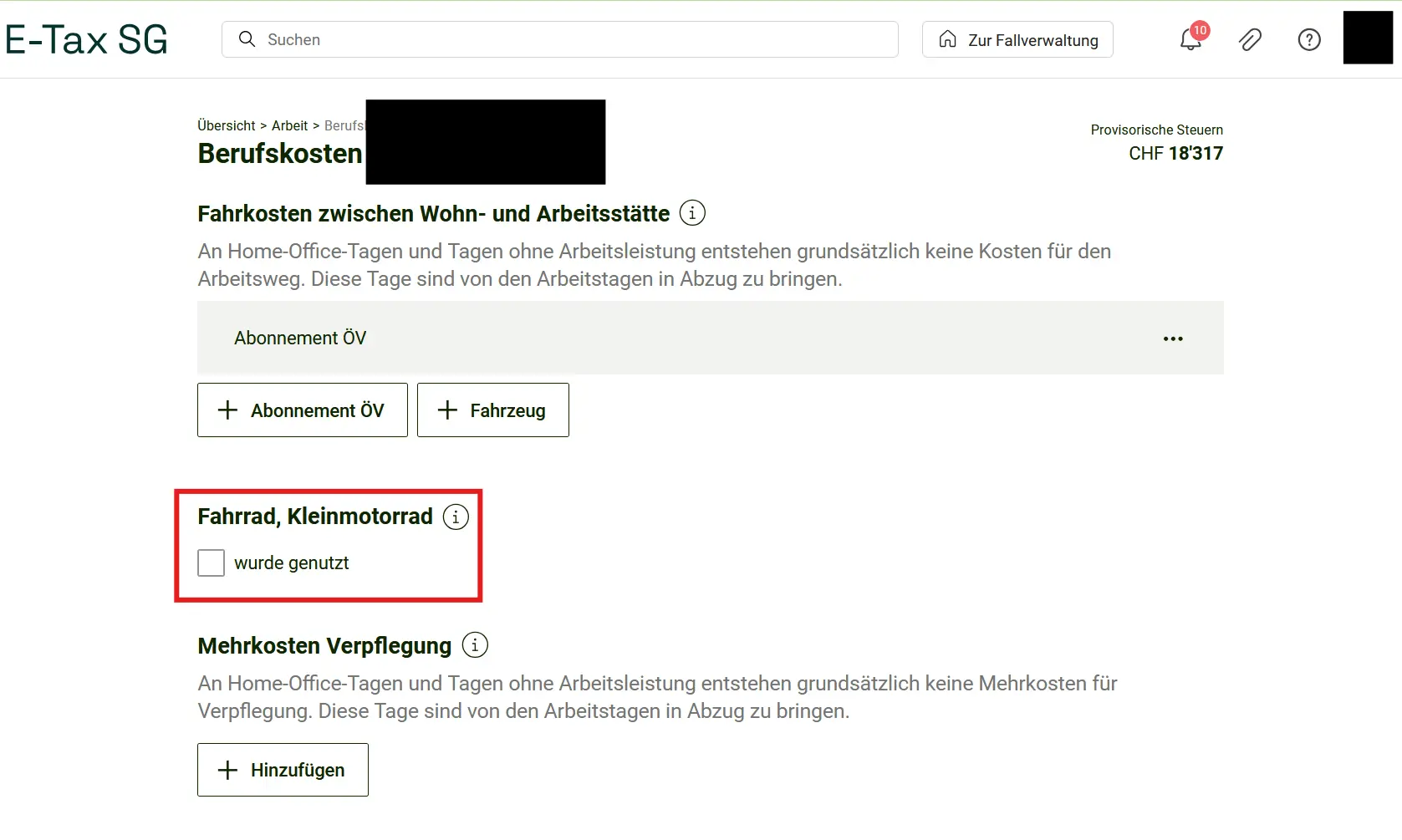 Business expenses in E-Tax SG with bicycle and public transport deductions for commuting