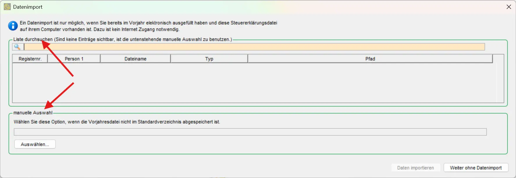 Importing data into eTaxes St.Gallen with automatic search for the previous year's tax return and manual file selection