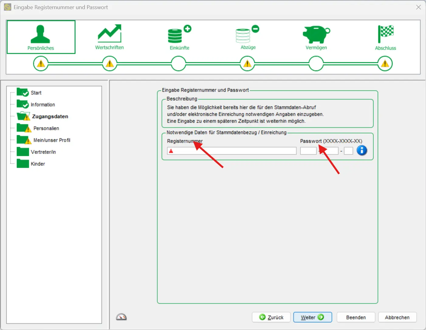 Enter registration number and password to access personal tax return