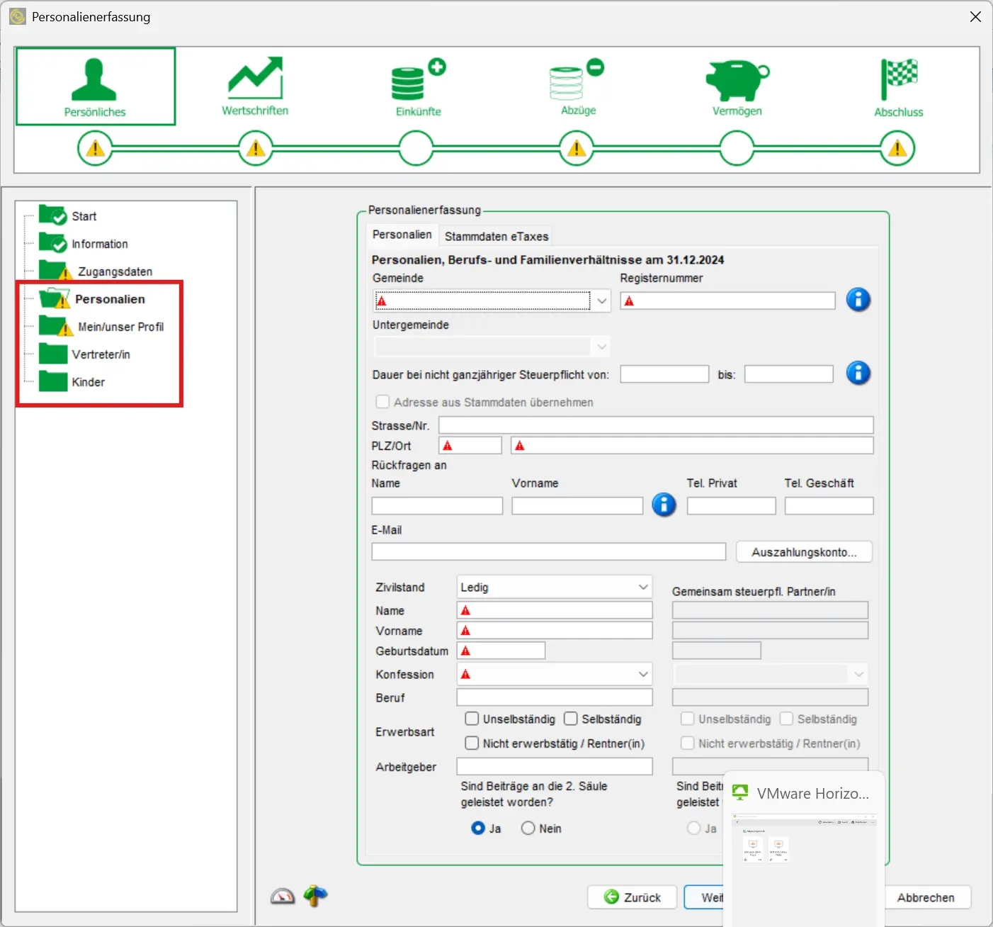 Entering personal data, marital status and home address in the eTaxes St. Gallen personal data form