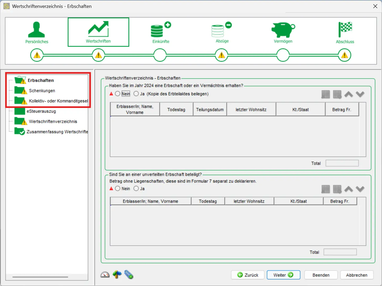 List of securities for declaring inheritances and legacies