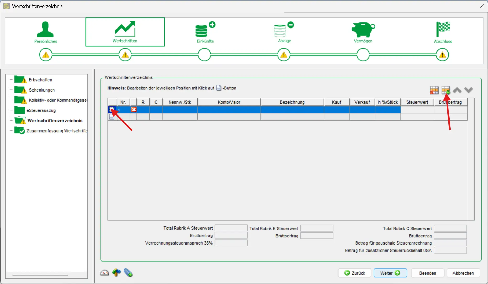 Securities register overview with function for adding new positions