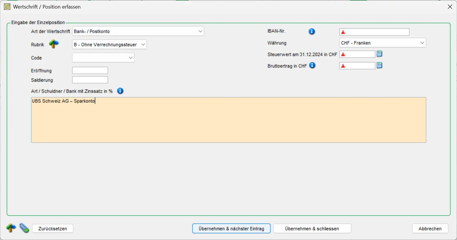 Entering a bank account in the eTaxes St. Gallen securities form, including tax value and gross income