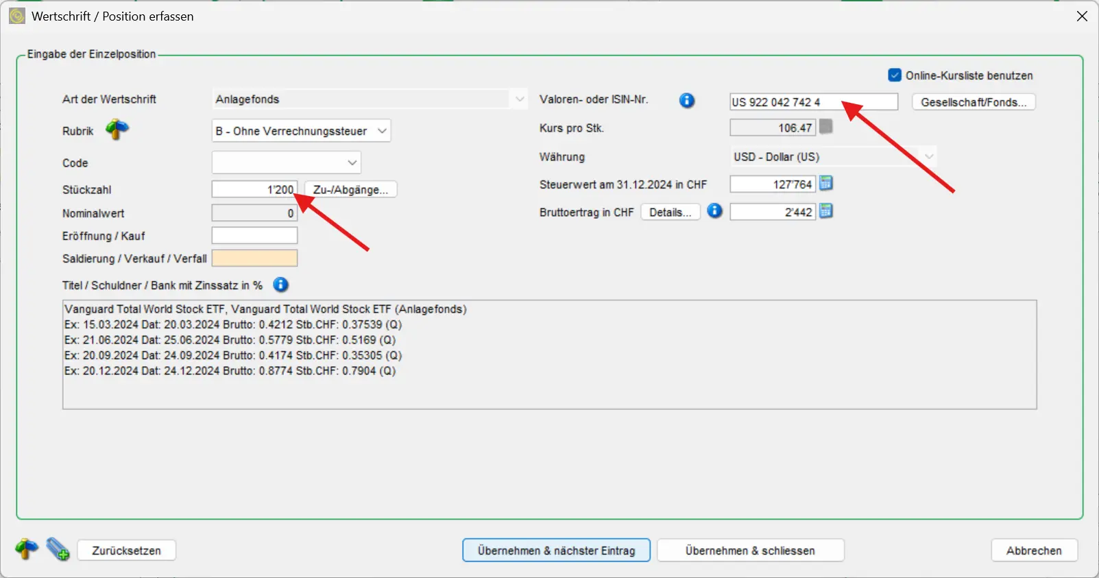 Declaration of our favorite VT ETF in the eTaxes St. Gallen securities form with ISIN, number of units and dividend income