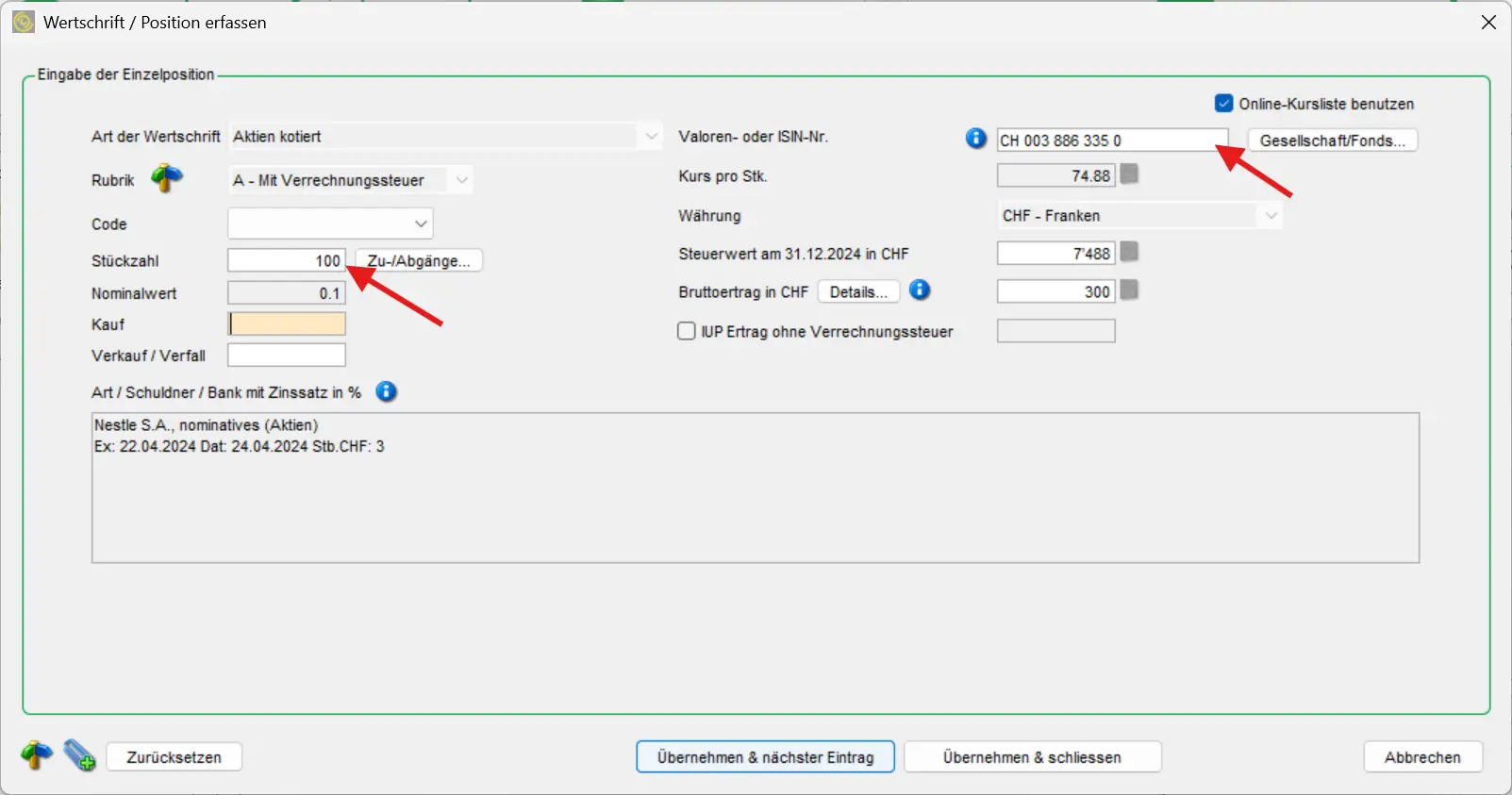 Entering a listed Nestlé share with withholding tax, tax value and gross income