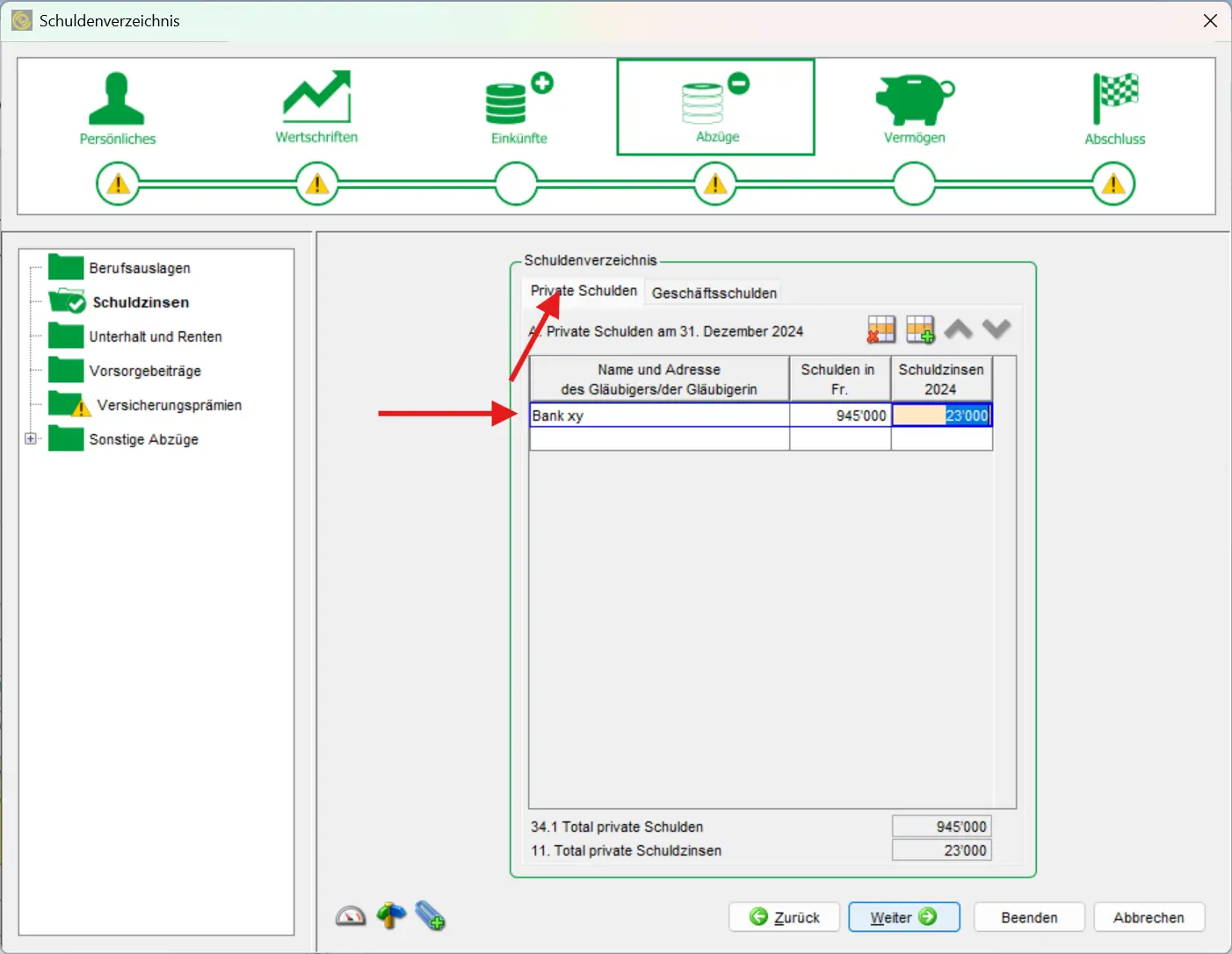 Correctly enter private debts and interest paid on 31.12
