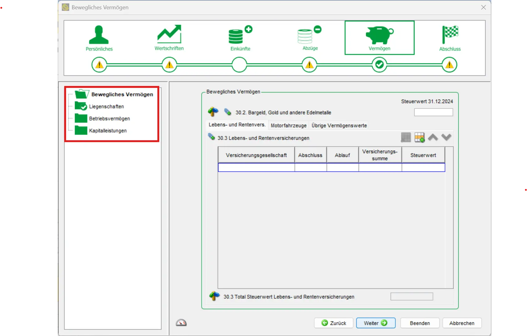 Entering cash, precious metals, life and pension insurance in eTaxes St. Gallen