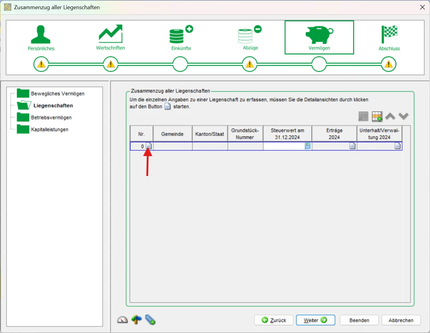 Overview of all real estate with tax value and income at the end of the year