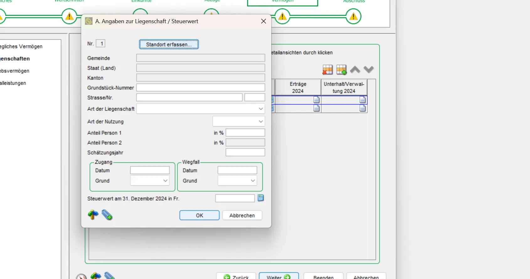 Enter municipality, canton, use, shares and tax value of property