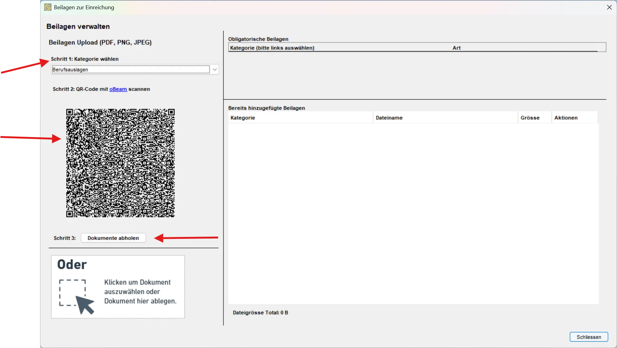 Add documents via QR code or file upload to eTaxes St.Gallen