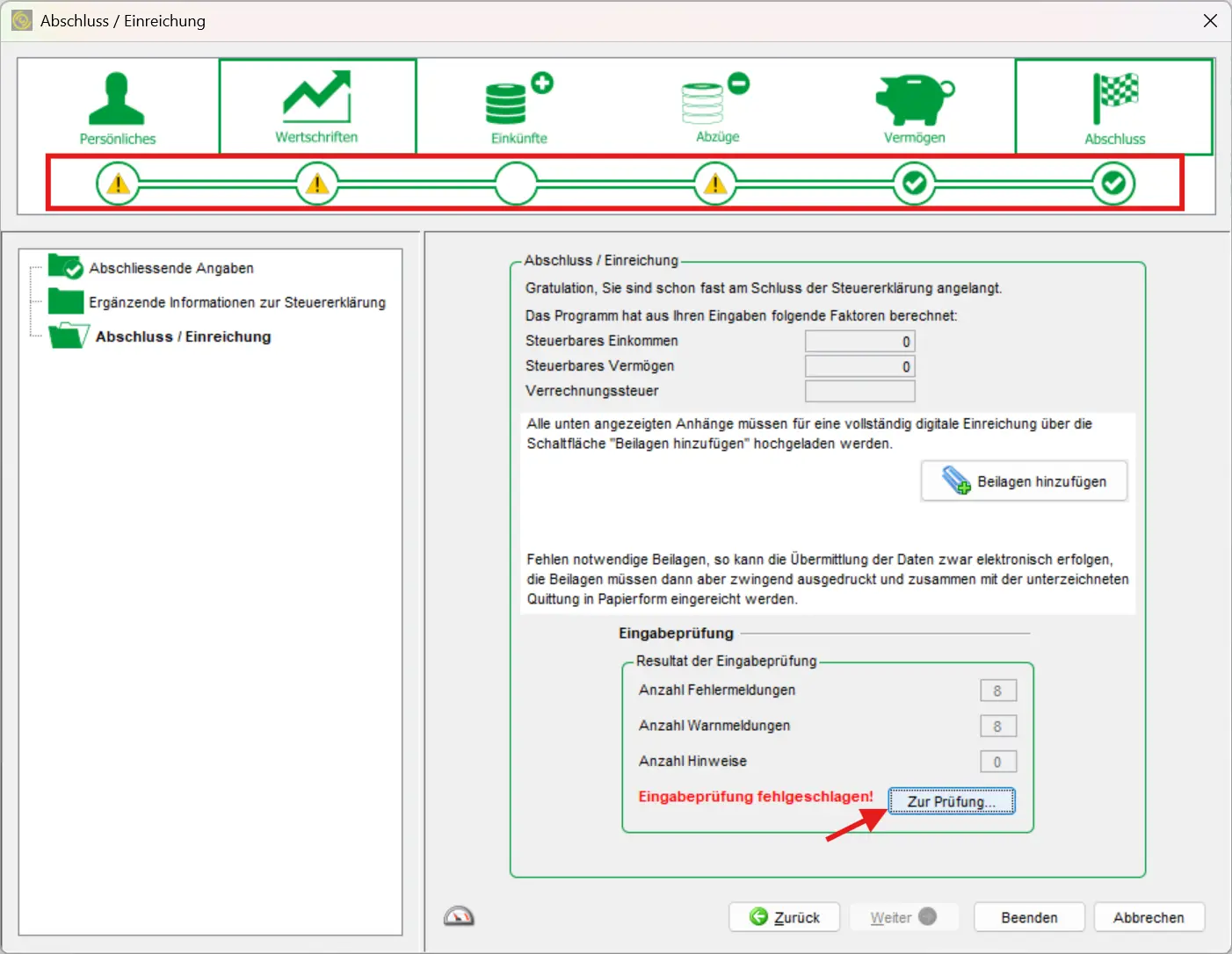 Input verification preview with error and warning messages before submission