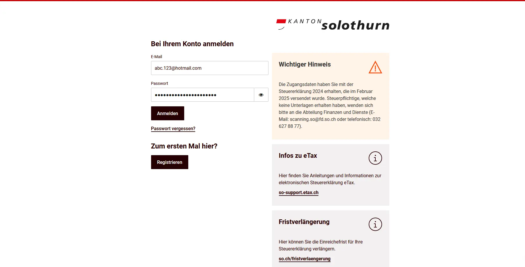 Page d'inscription à la déclaration d'impôts en ligne dans le canton de Soleure avec champ d'adresse e-mail et de mot de passe